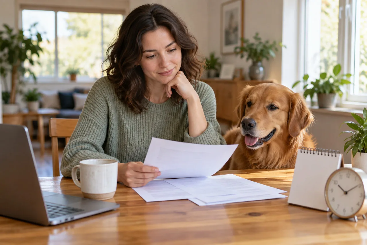 Owner reviewing papers beside a dog, clock and calendar